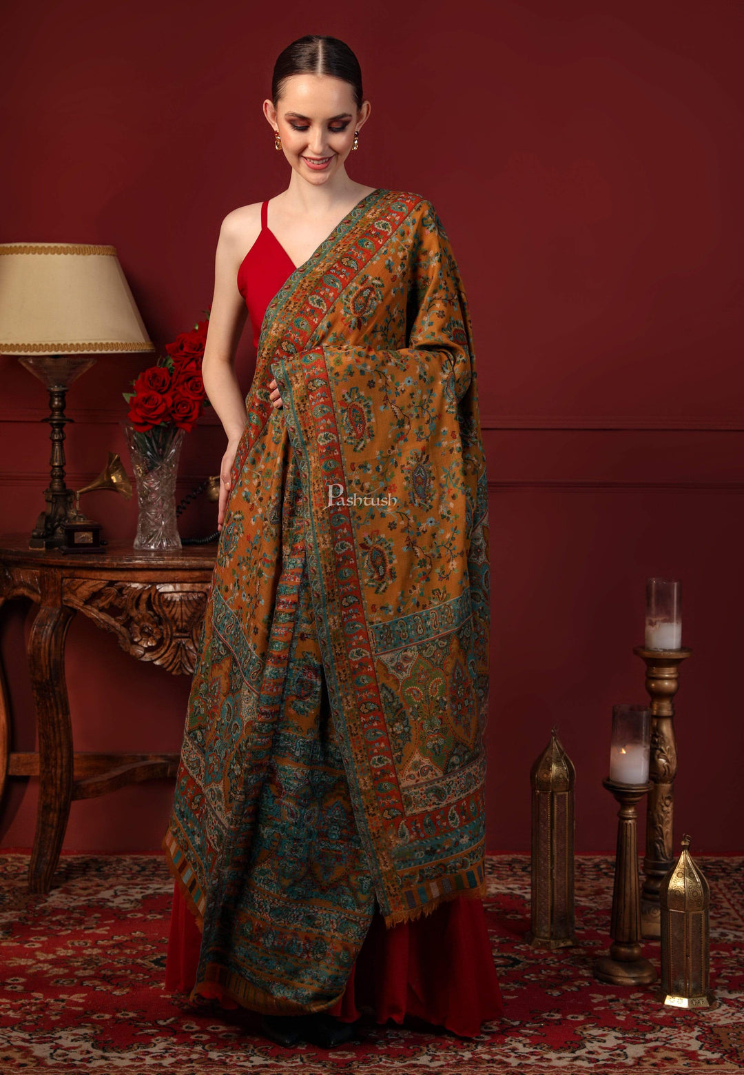 Pashtush India 70x200 Pashtush Women Multi-coloured 100% Pure Wool Woven Design Ethnic Stole