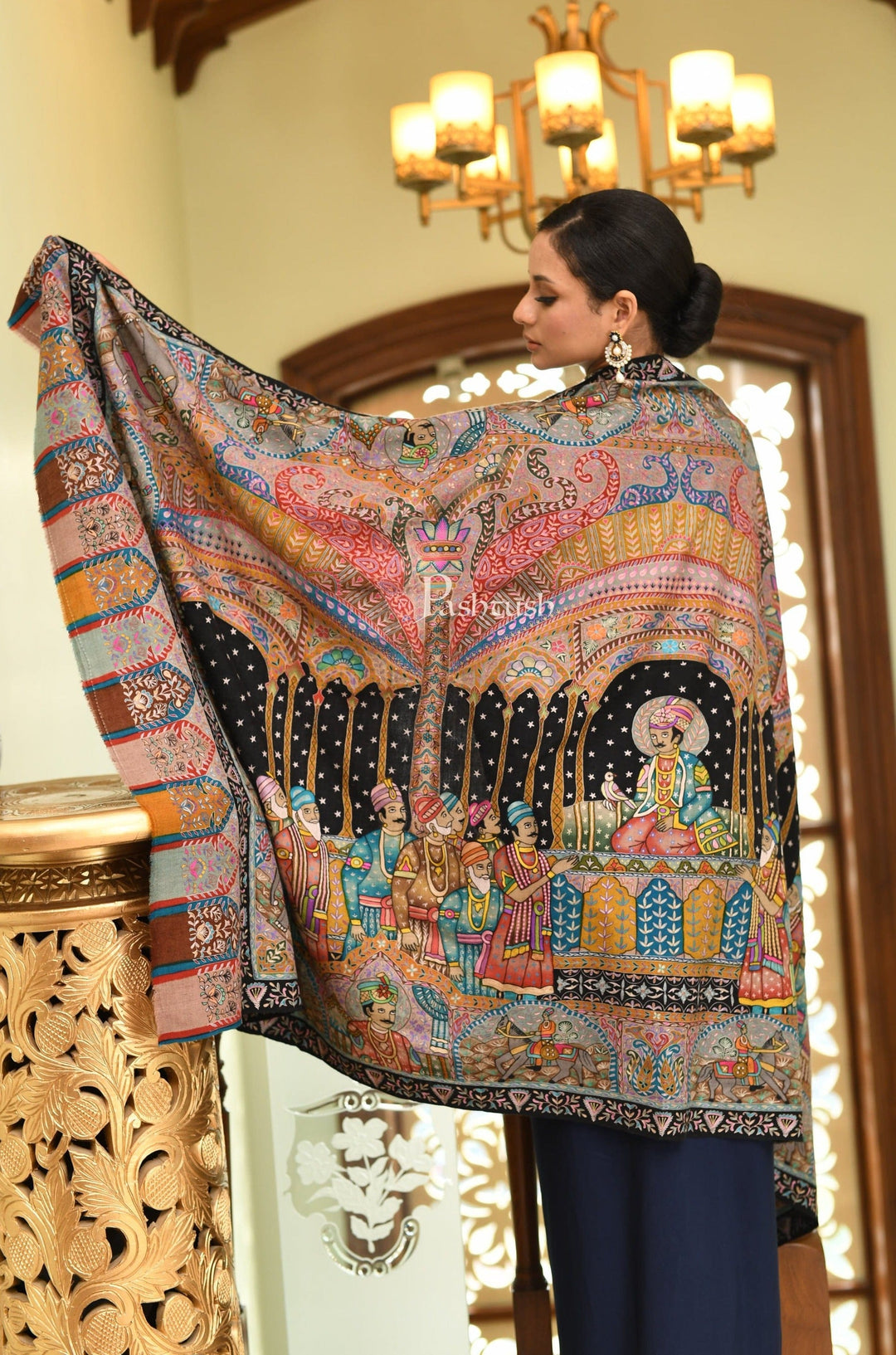 Pashtush India Womens Shawls Pashtush Women Pashmina Hand Embroidered, Hand Painted, Royal Darbar Shawl
