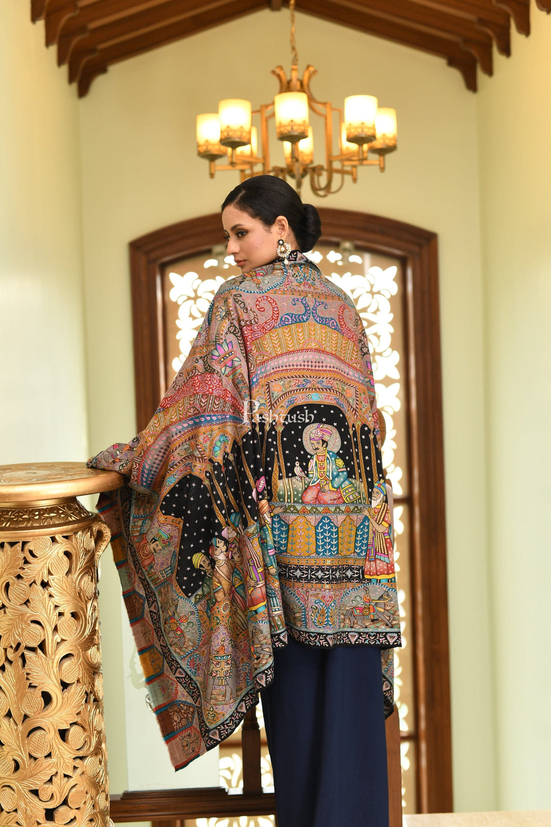 Pashtush India Womens Shawls Pashtush Women Pashmina Hand Embroidered, Hand Painted, Royal Darbar Shawl