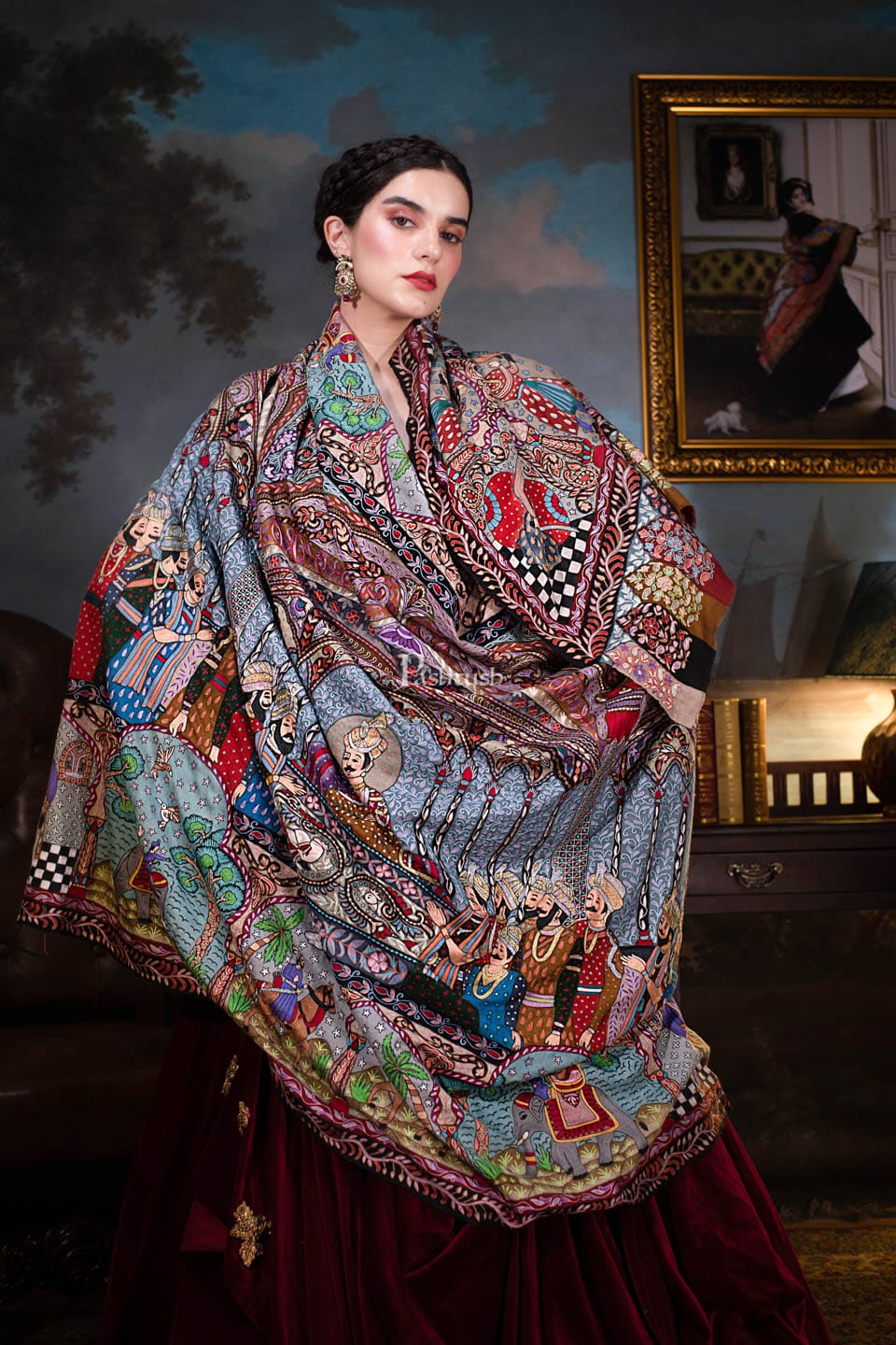 Pashtush India Womens Shawls Pashtush Women Pashmina Hand Embroidered Royal Darbar Shawl, Multicolour