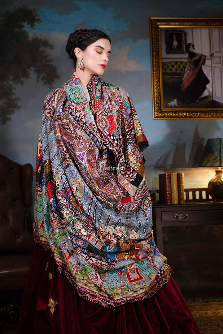 Pashtush India Womens Shawls Pashtush Women Pashmina Hand Embroidered Royal Darbar Shawl, Multicolour