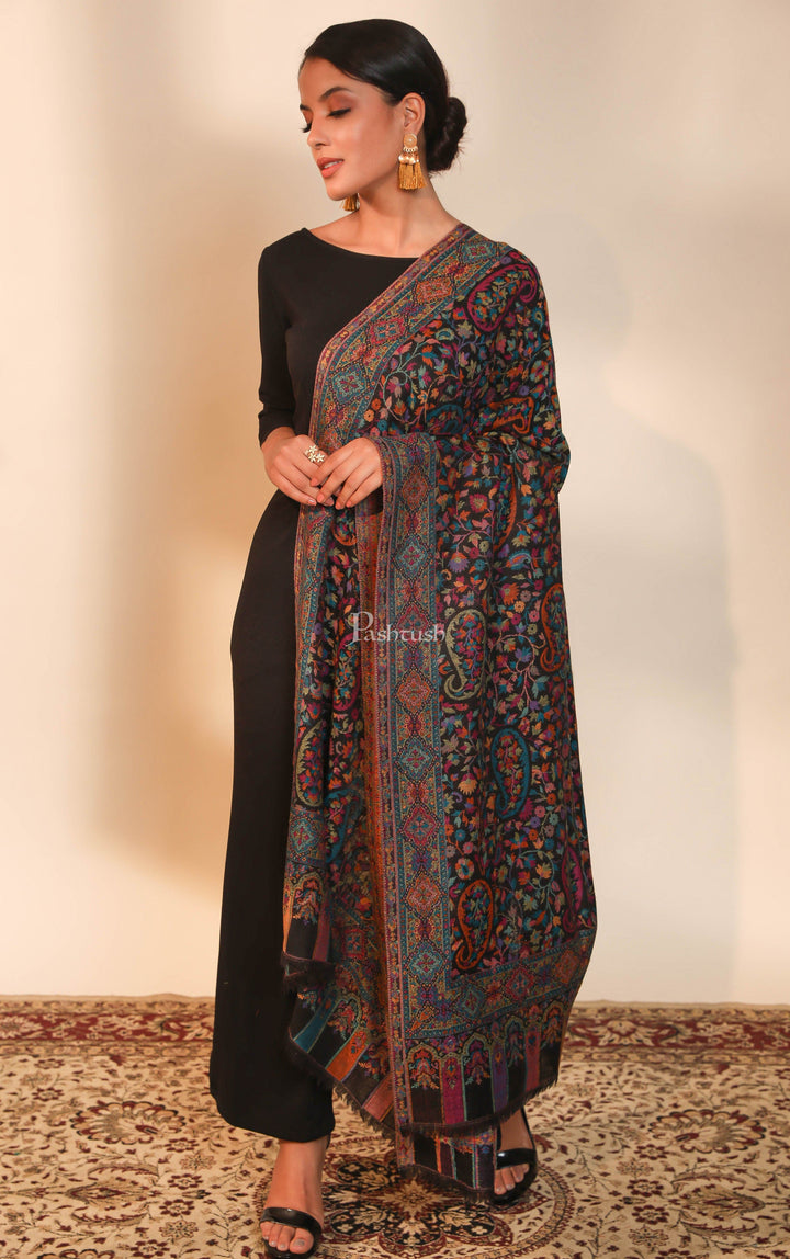 Pashtush India Womens Shawls Pashtush women pure wool, woolmark certified shawl, ethnic weave design, black