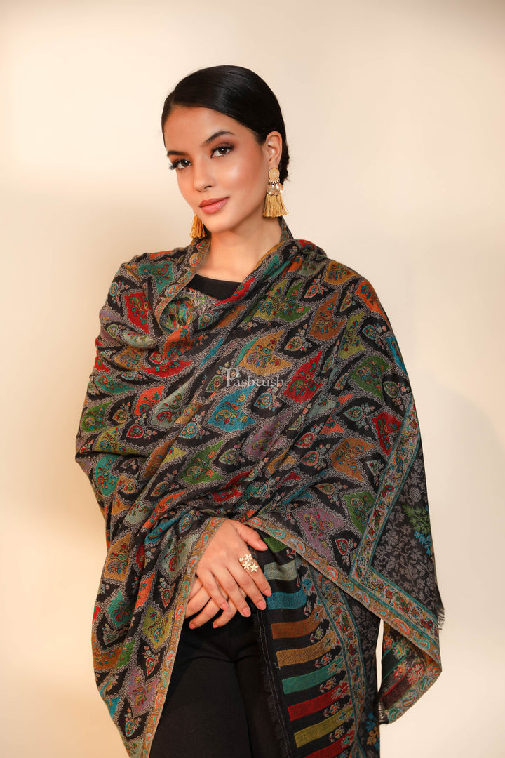 Pashtush India Womens Shawls Pashtush women pure wool, woolmark certified shawl, ethnic weave design, black