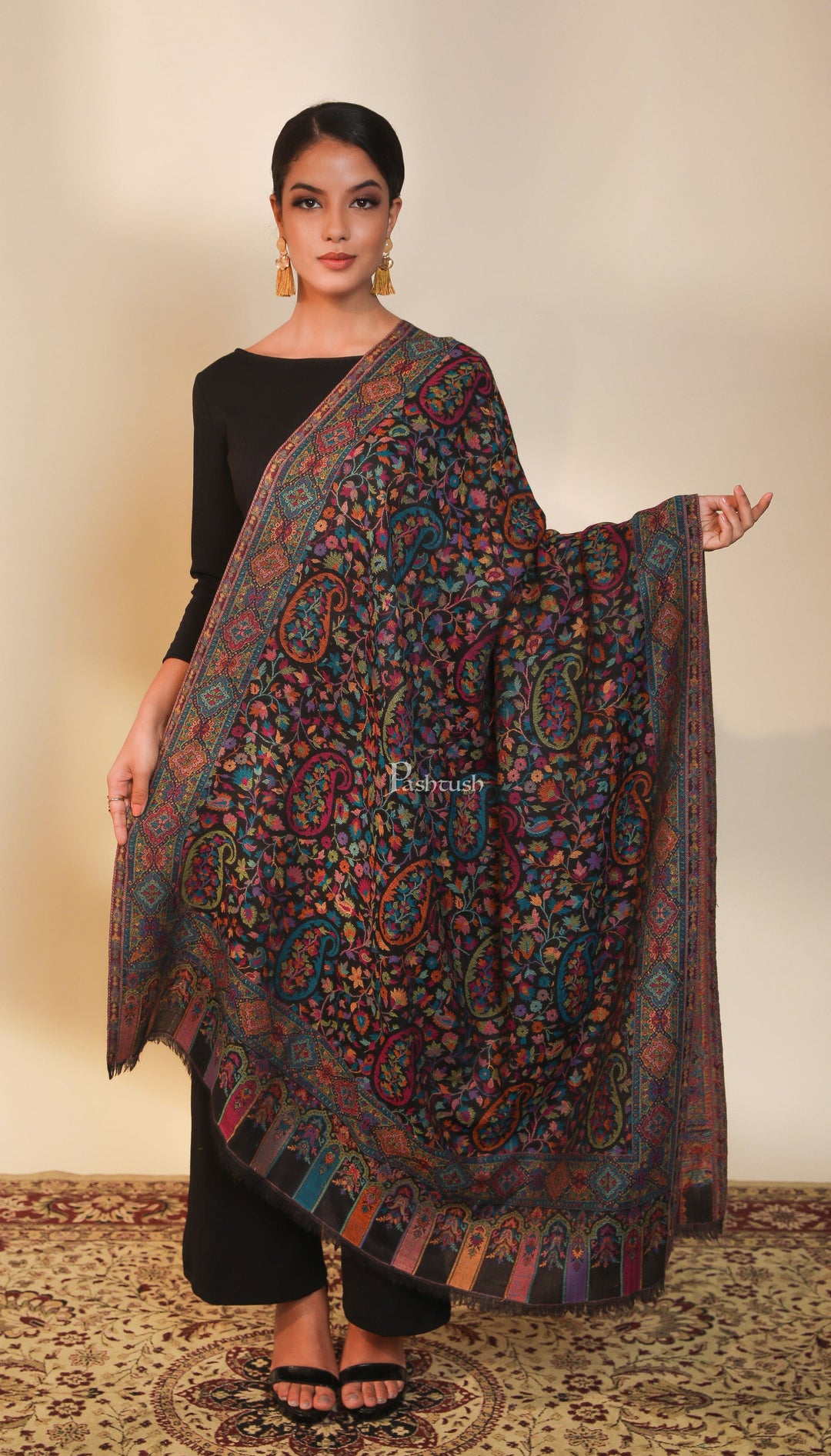 Pashtush India Womens Shawls Pashtush women pure wool, woolmark certified shawl, ethnic weave design, black