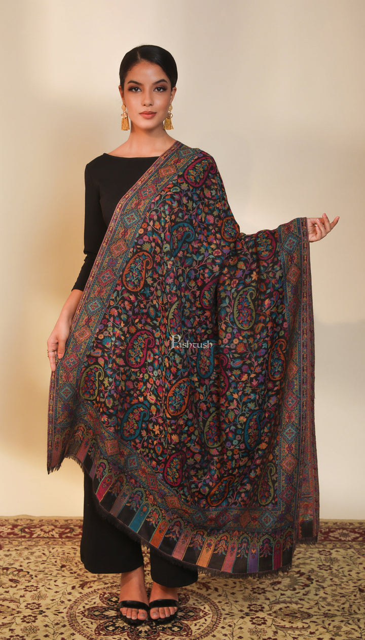 Pashtush India Womens Shawls Pashtush women pure wool, woolmark certified shawl, ethnic weave design, black
