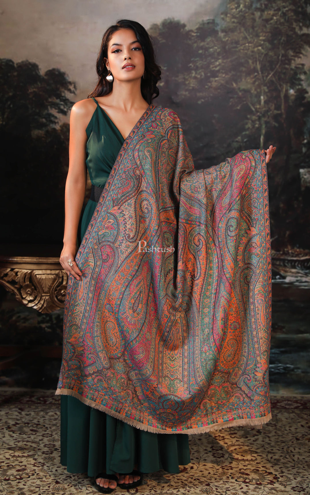 Pashtush India Womens Shawls Pashtush women pure wool, woolmark certified shawl, ethnic weave design, multicolour