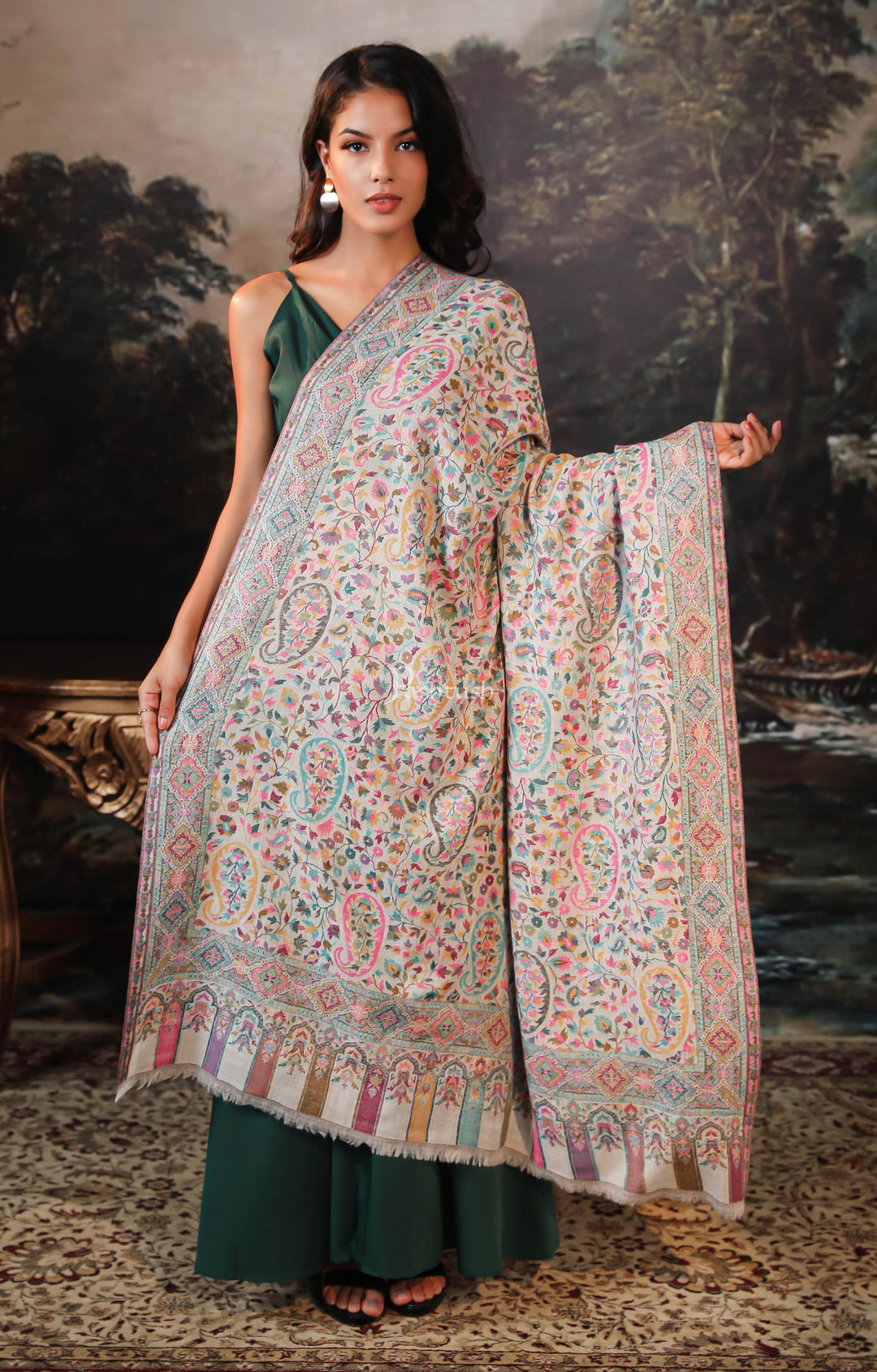 Pashtush India Womens Shawls Pashtush women pure wool, woolmark certified shawl, paisley design, ivory