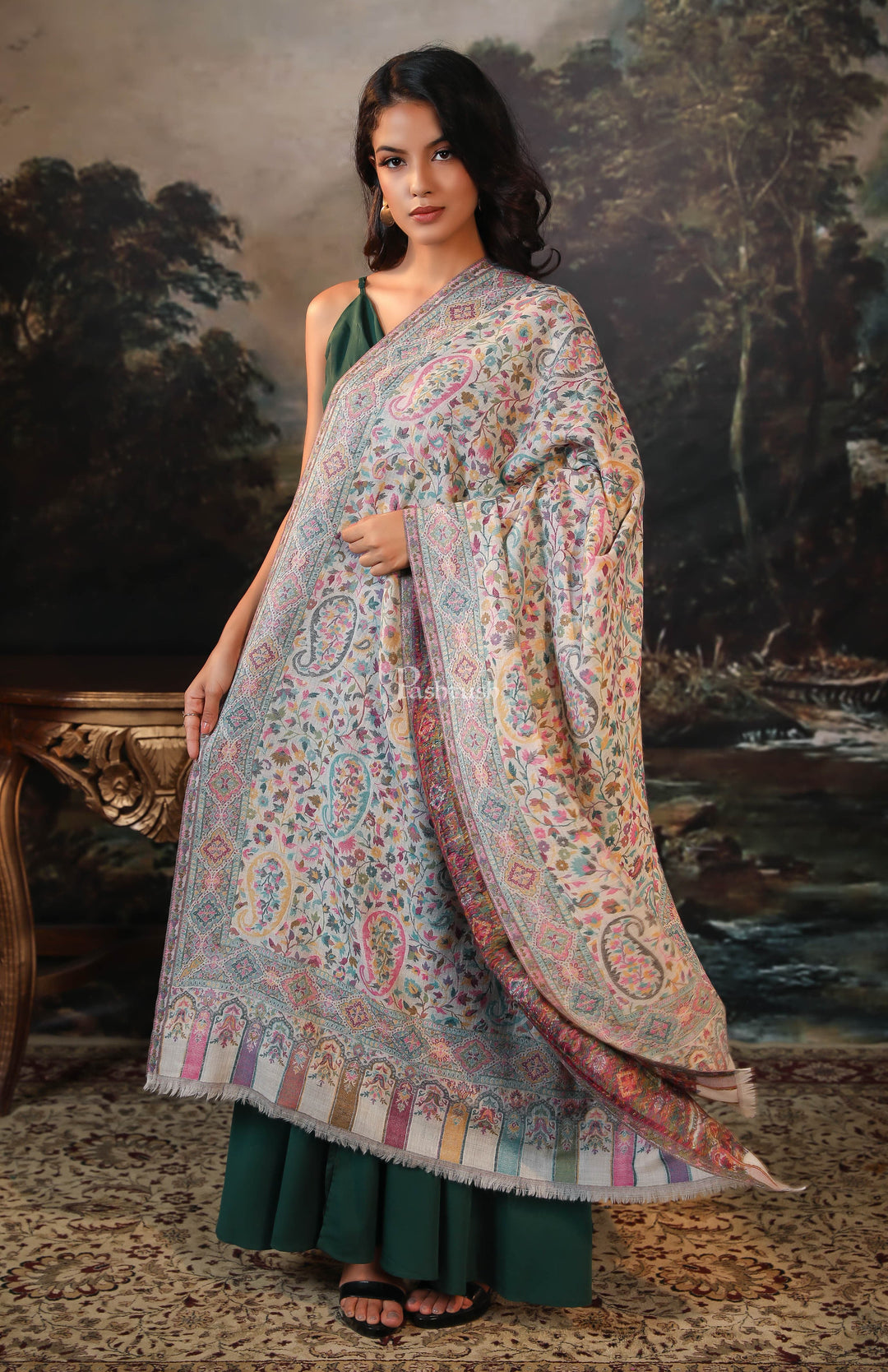 Pashtush India Womens Shawls Pashtush women pure wool, woolmark certified shawl, paisley design, ivory