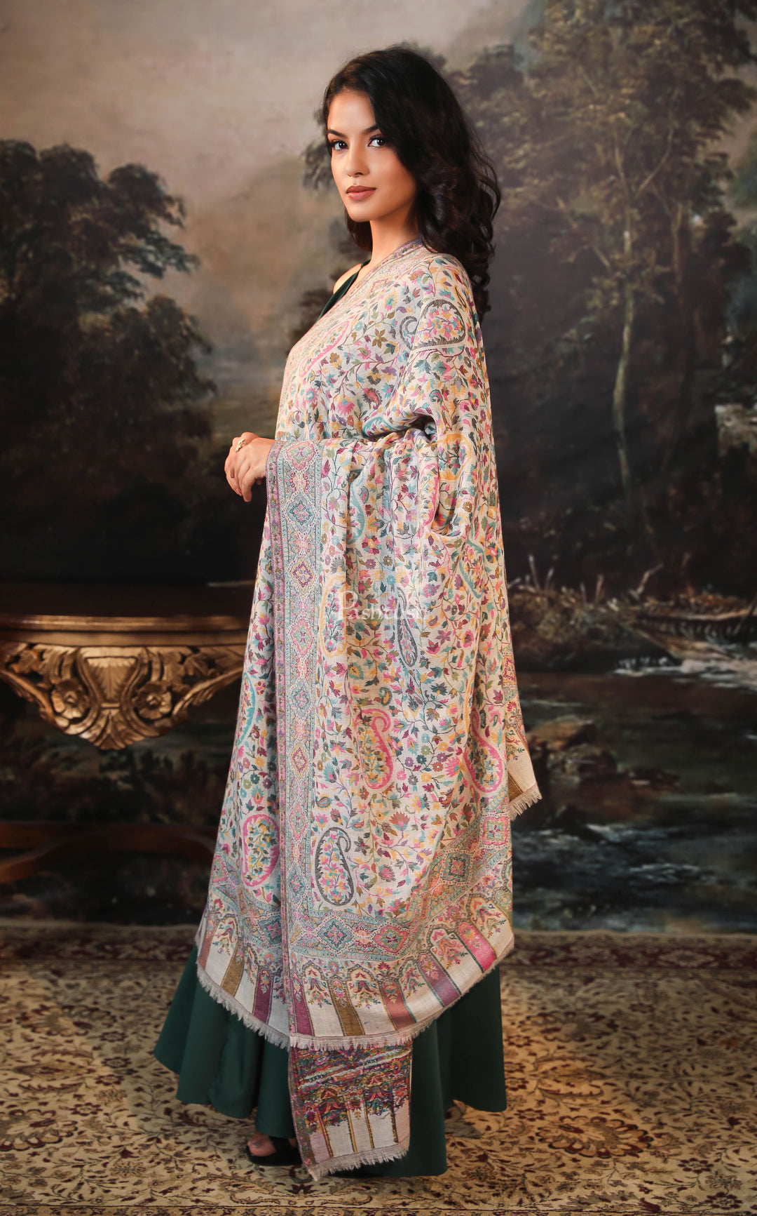 Pashtush India Womens Shawls Pashtush women pure wool, woolmark certified shawl, paisley design, ivory