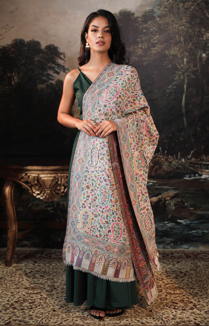 Pashtush India Womens Shawls Pashtush women pure wool, woolmark certified shawl, paisley design, ivory
