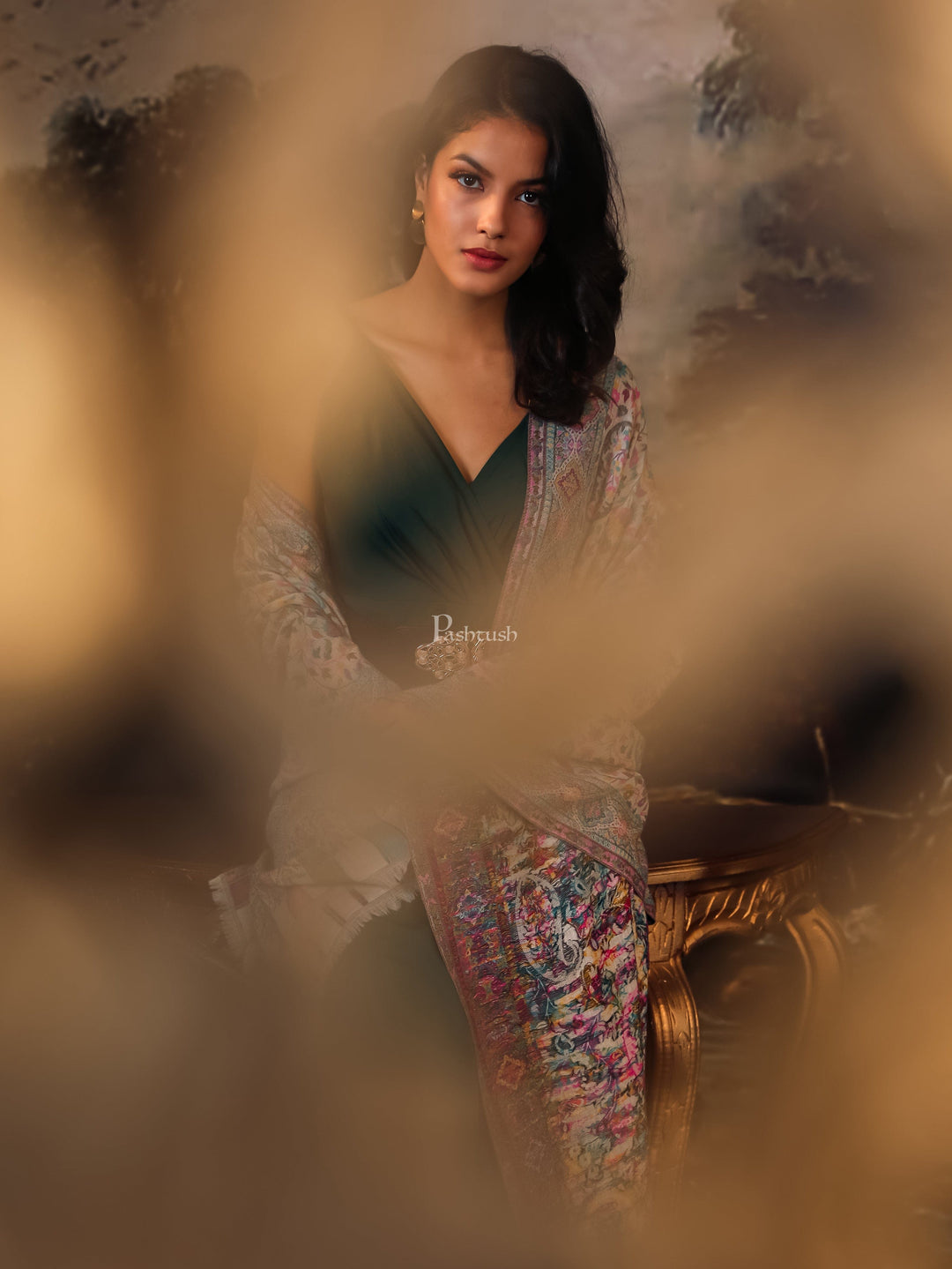 Pashtush India Womens Shawls Pashtush women pure wool, woolmark certified shawl, paisley design, ivory