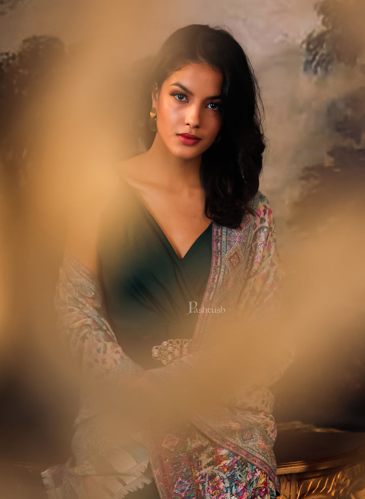 Pashtush India Womens Shawls Pashtush women pure wool, woolmark certified shawl, paisley design, ivory