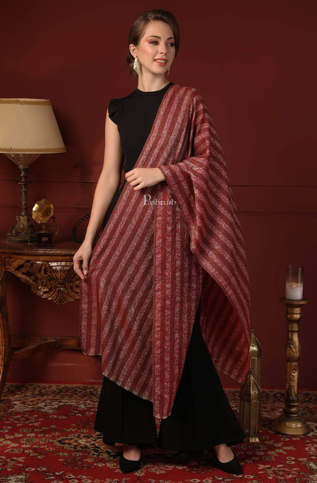 Pashtush India 70x200 Pashtush Women Red Beige Striped Stole, Soft Fine Wool