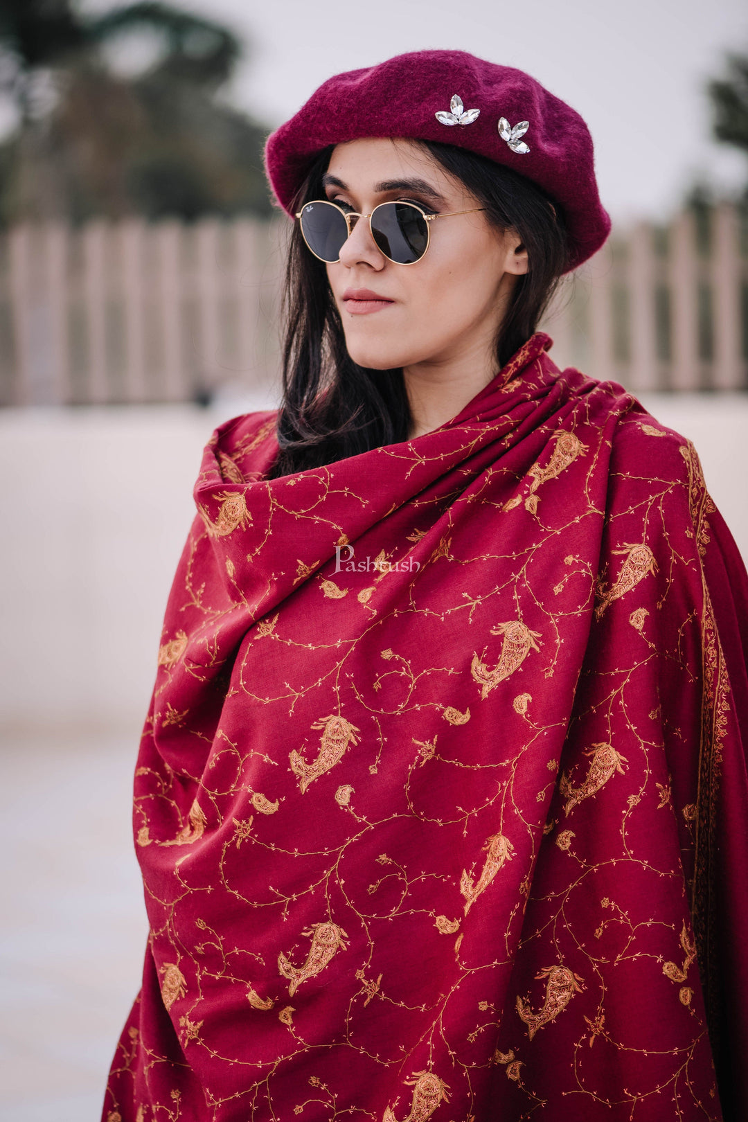Pashtush India Womens Shawls Pashtush Women’s 100% Hand Embroidered Heavy Jaal Shawl In Pure Wool (Certified)