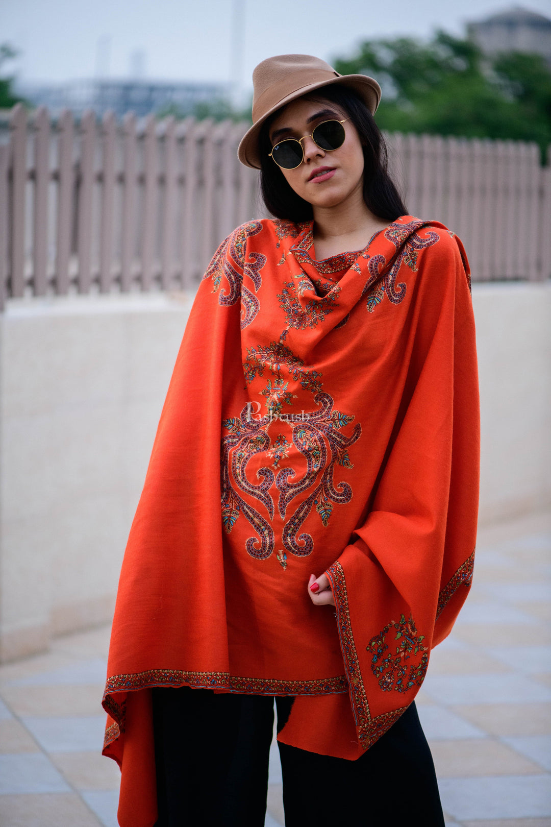 Pashtush India Womens Shawls Pashtush Women’s 100% Hand Embroidery, Pure Wool (Certified). Bright Amber
