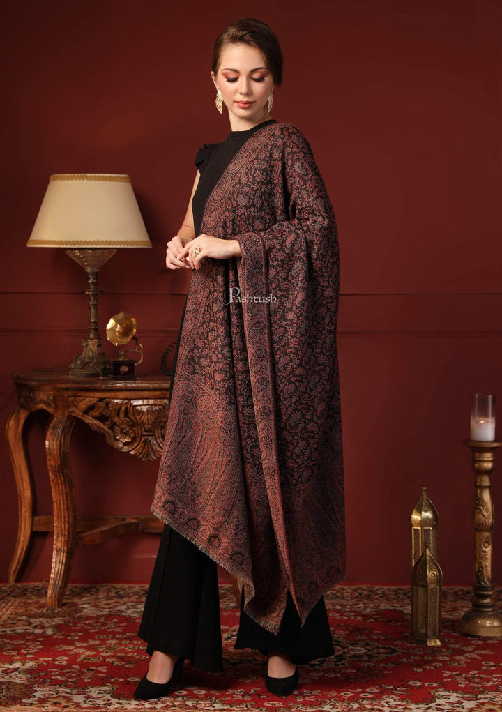 Pashtush His and Her Gift Set of Fine Wool Shawl and Stole, Black and Multicoloured, Packaged in Keepsake Wooden Chester Gift Box