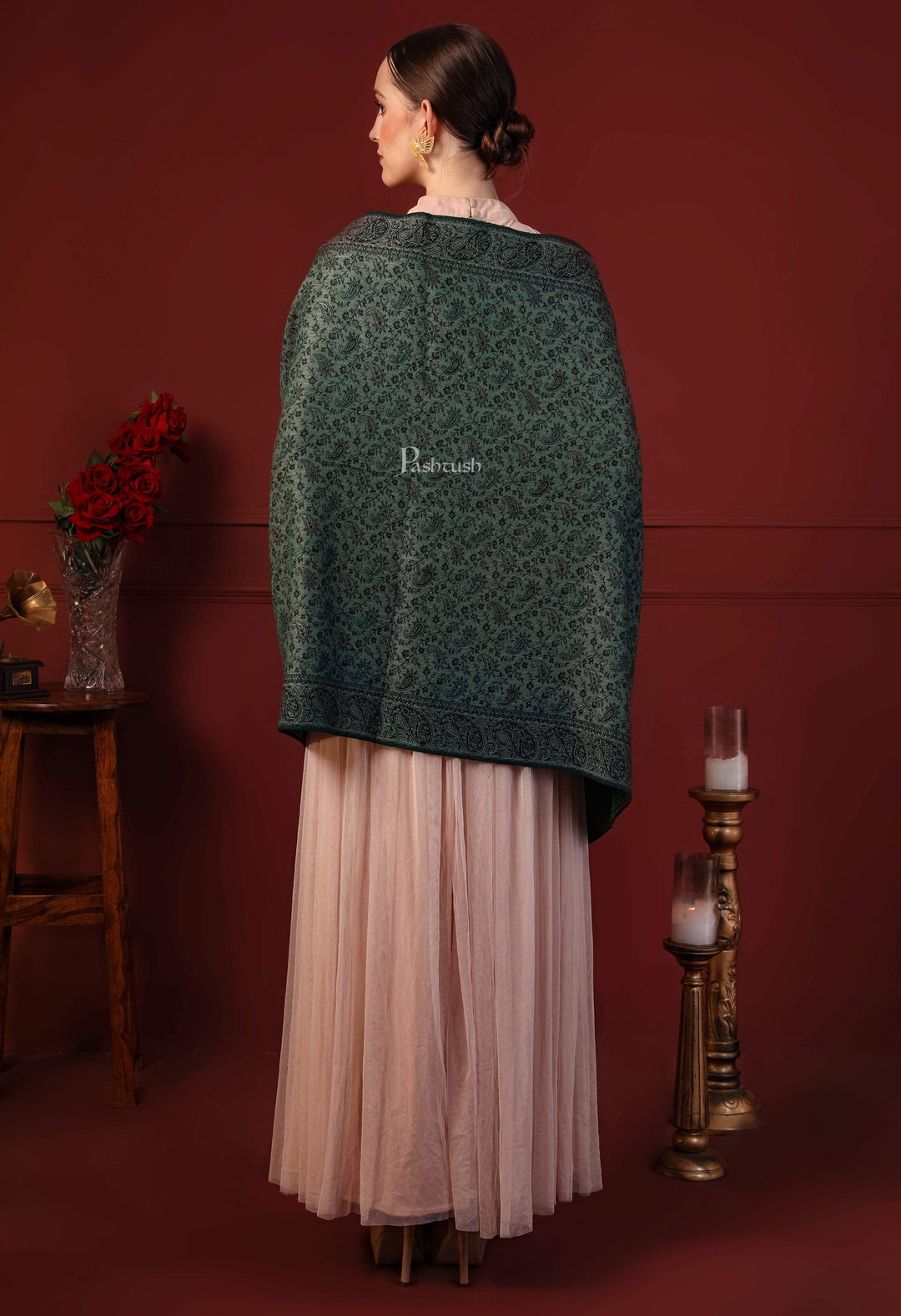 Pashtush India 70x200 Pashtush Women's Ethnic Weave Stole, Fine Wool, bottle green