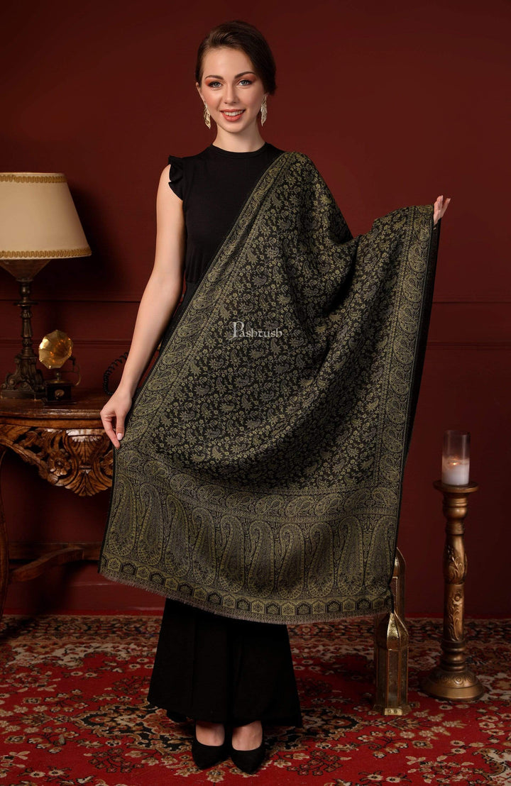 Pashtush India 70x200 Pashtush Women's Ethnic Weave Stole, Fine Wool, Reversible, Olive Green