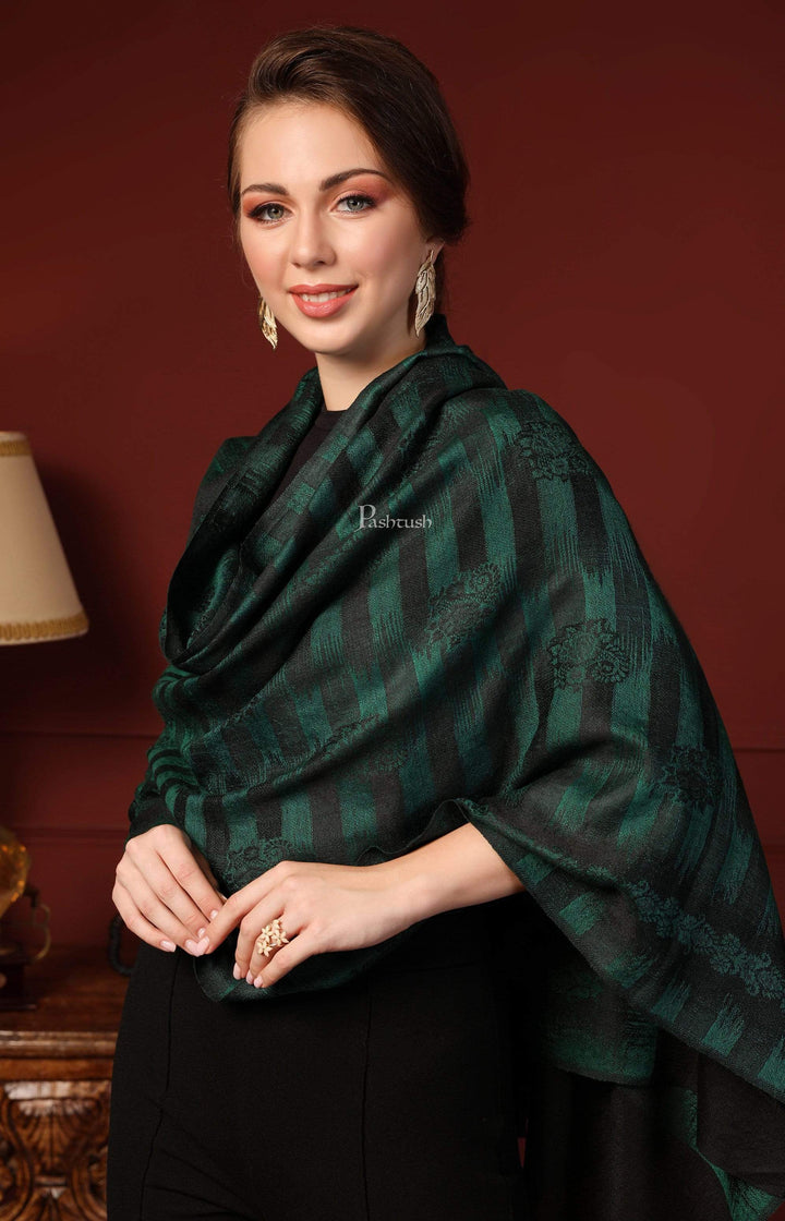 Pashtush India 70x200 Pashtush Women's Fine Wool Stole, Ikkat Design, Azure Green