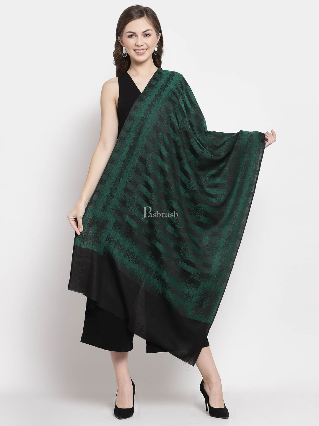 Pashtush India Womens Stoles and Scarves Scarf Pashtush Women'S Fine Wool Stole, Ikkat Design, Azure Green