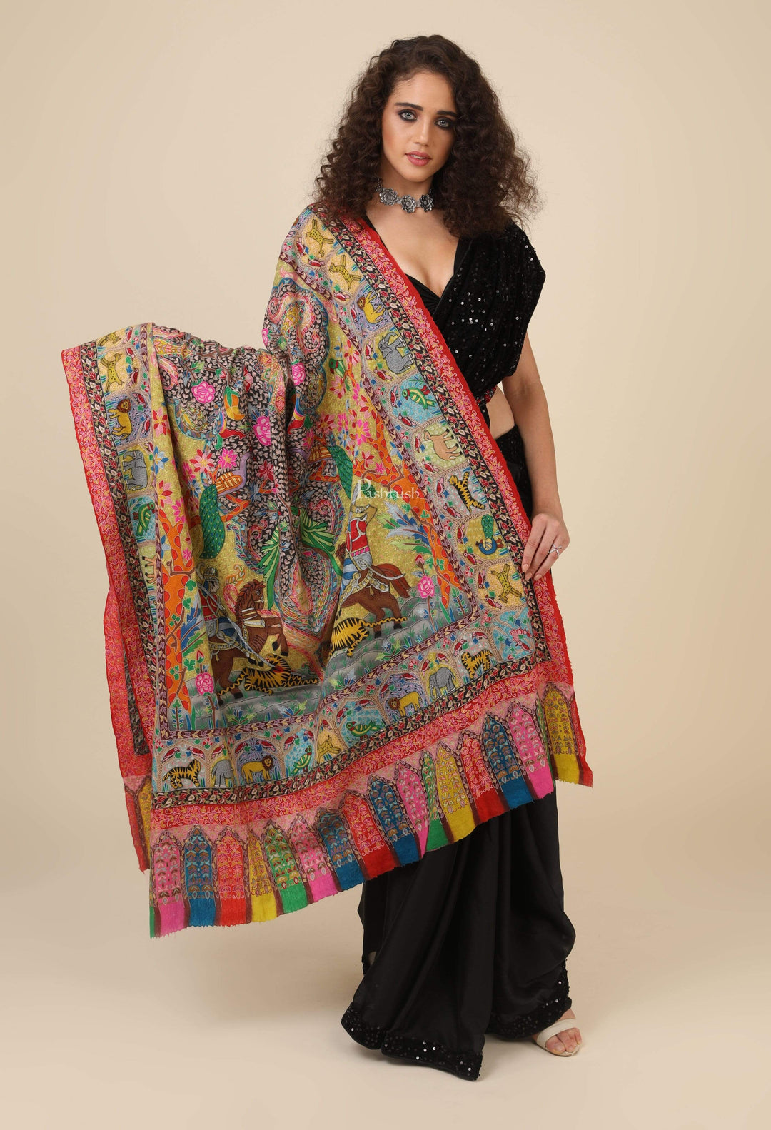 Pashtush India 100x200 Pashtush Women's Handmade Kalamkari Shawl, Multicoloured