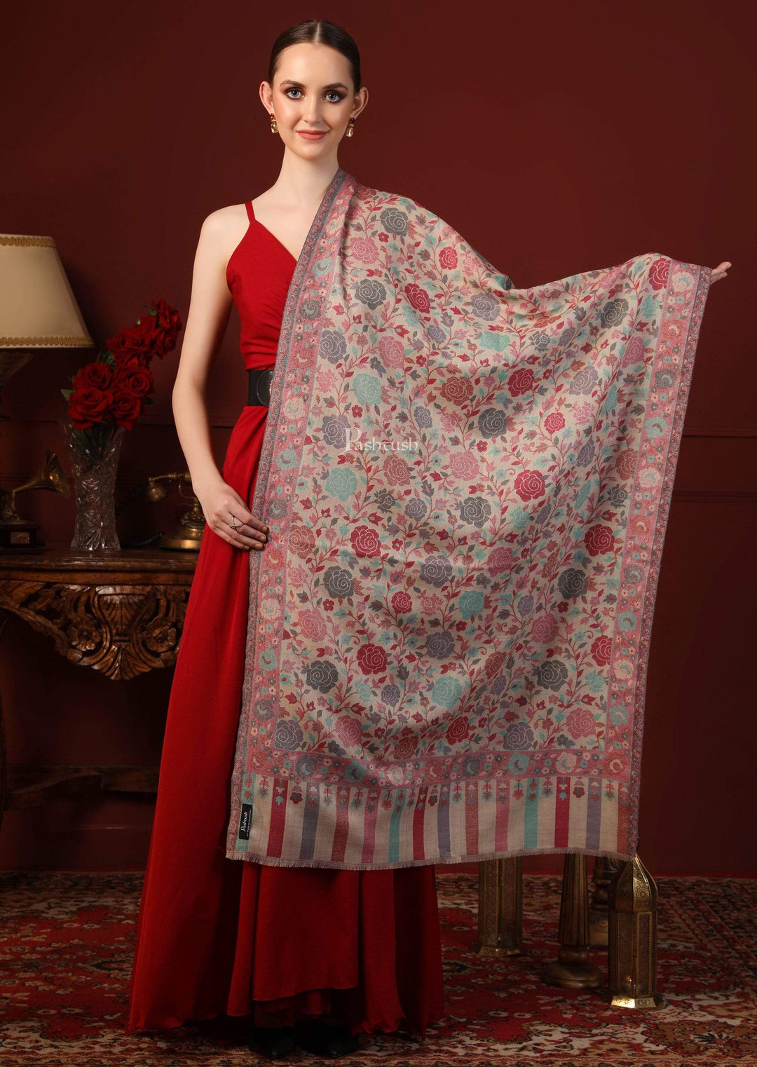 Pashtush India Womens Stoles and Scarves Scarf Pashtush Women's Jacquard Ethnic Light Weight Floral Stole, Multicolour