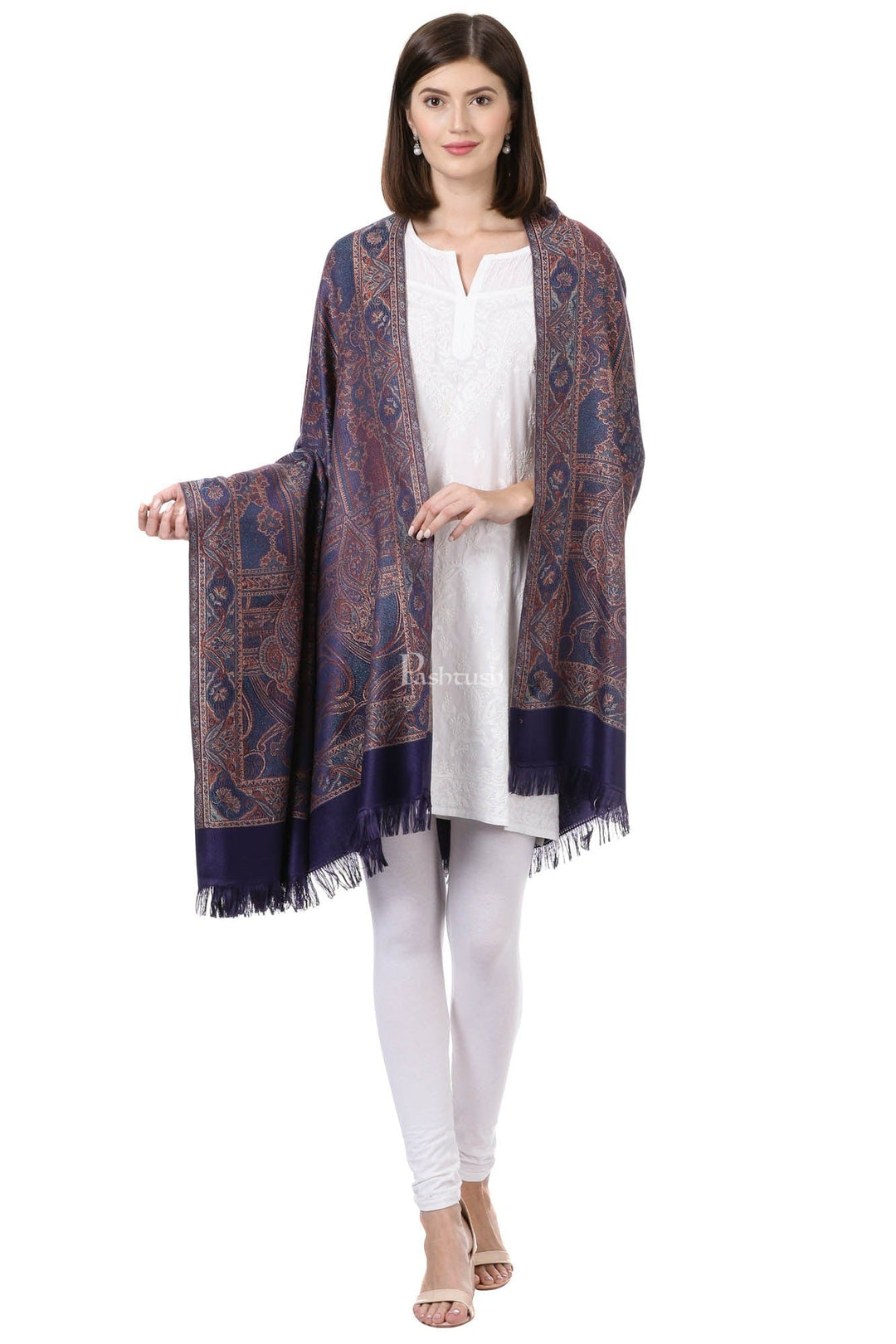 Pashtush India Womens Shawls Pashtush Women'S Jamawar Shawl, Navy Blue