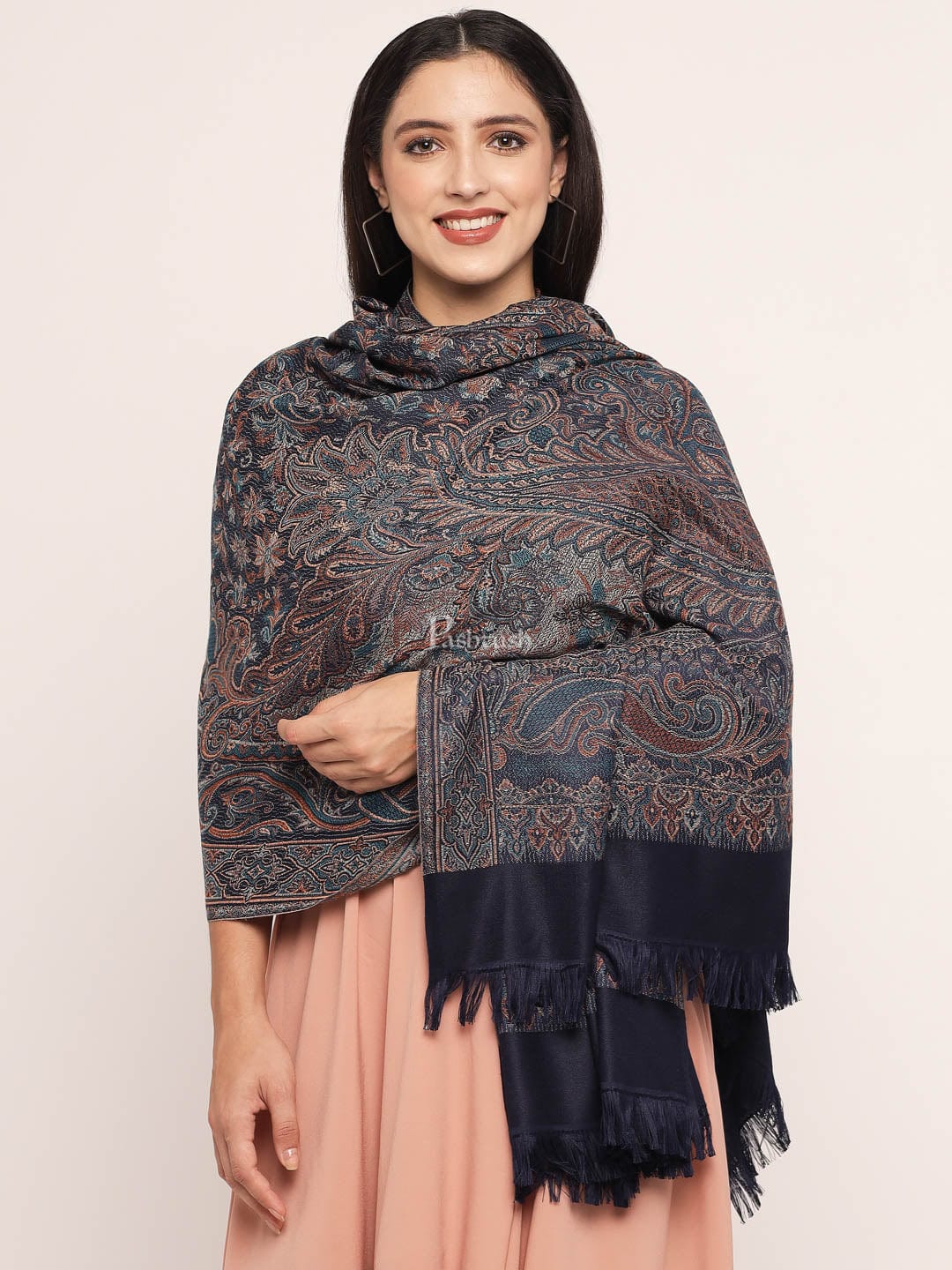 Pashtush India Womens Shawls Pashtush Women'S Jamawar Shawl, Navy Blue