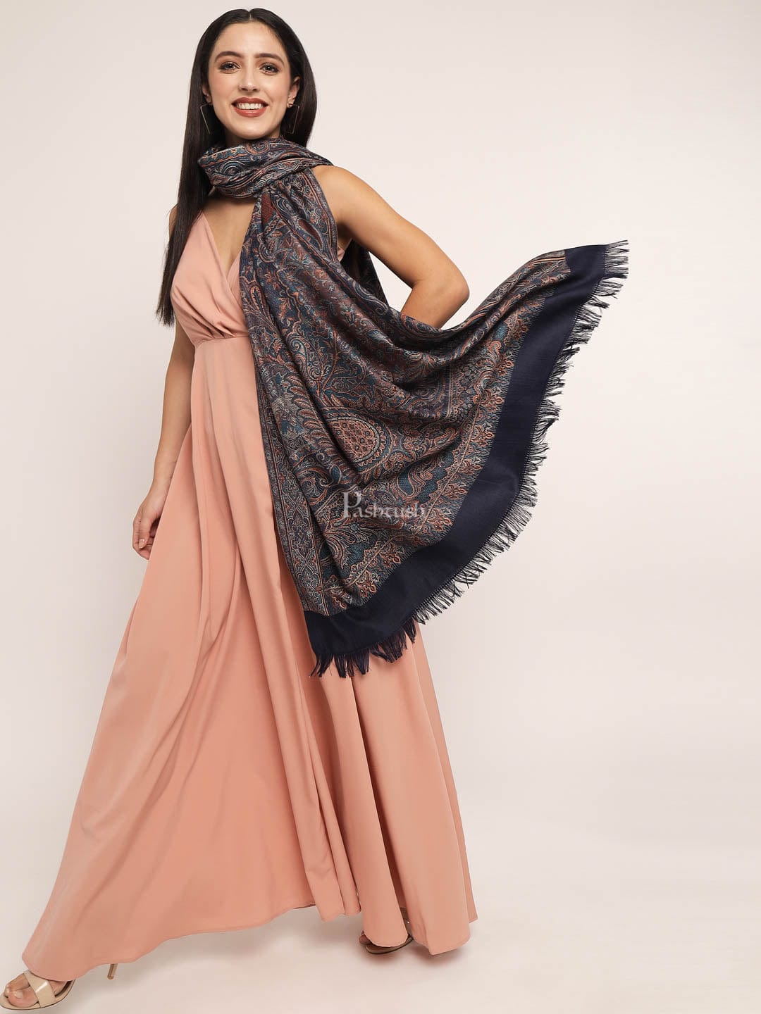Pashtush India Womens Shawls Pashtush Women'S Jamawar Shawl, Navy Blue