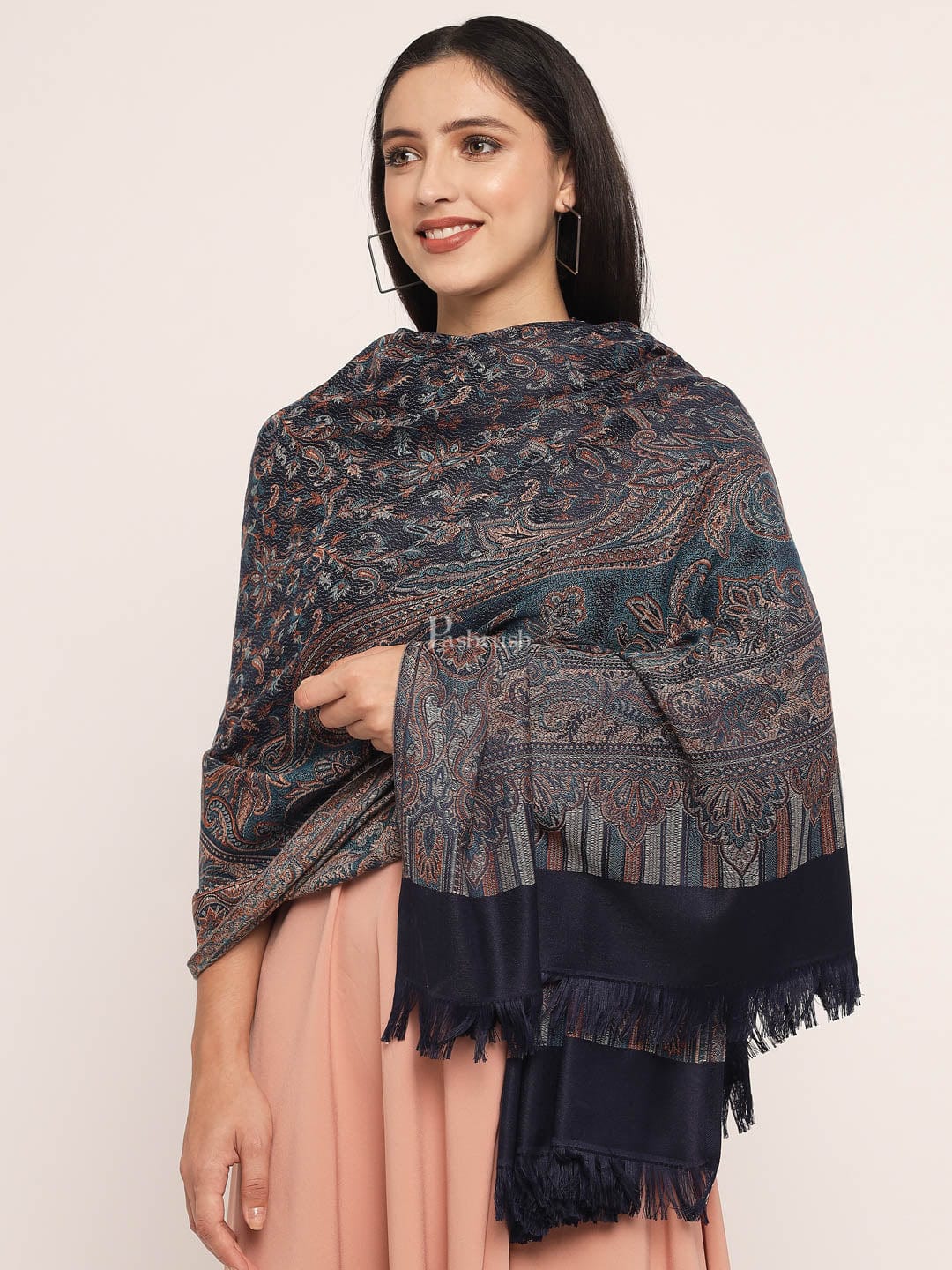 Pashtush India Womens Shawls Pashtush Women'S Jamawar Shawl, Navy Blue