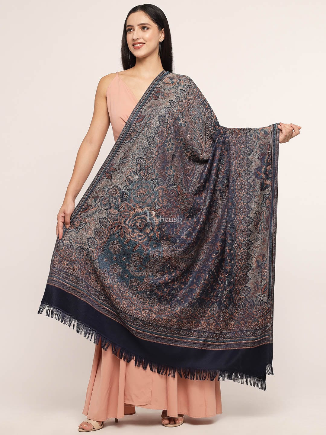 Pashtush India Womens Shawls Pashtush Women'S Jamawar Shawl, Navy Blue