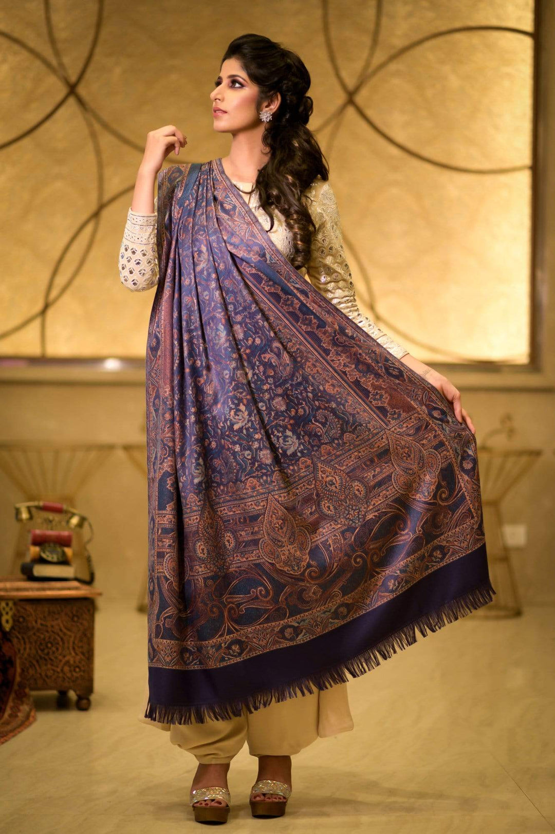 Pashtush India 100x200 Pashtush Women's Kashmiri Jamawar Shawl, Navy blue