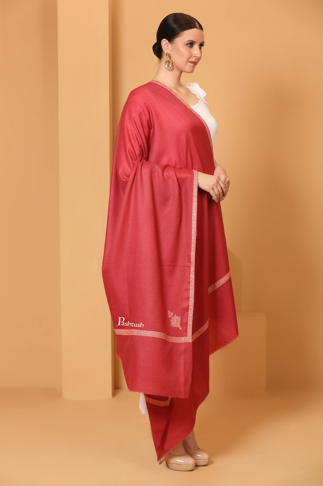 Pashtush India Womens Shawls Pashtush Women's Kingri Border Embroidery Shawl, Fine Wool, Rose Pink