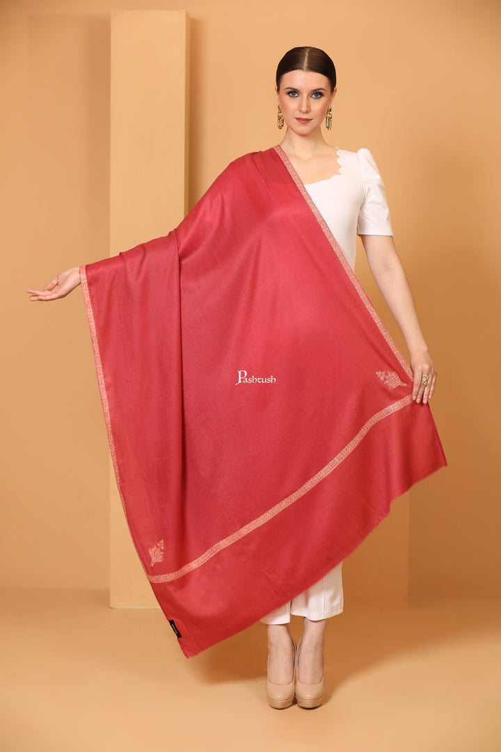 Pashtush India Womens Shawls Pashtush Women's Kingri Border Embroidery Shawl, Fine Wool, Rose Pink