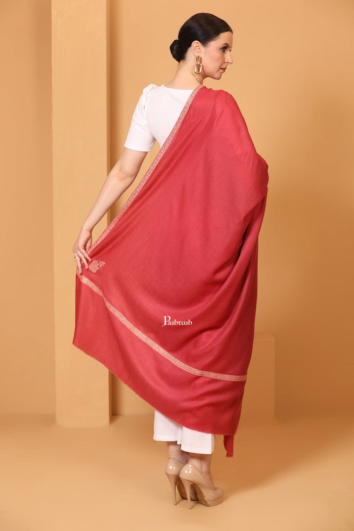 Pashtush India Womens Shawls Pashtush Women's Kingri Border Embroidery Shawl, Fine Wool, Rose Pink