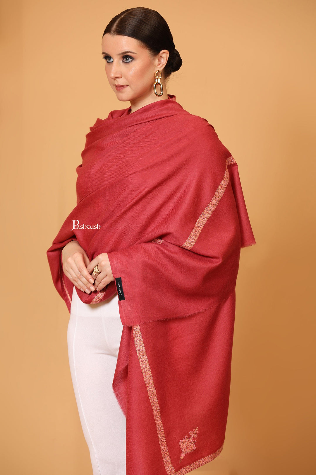 Pashtush India Womens Shawls Pashtush Women's Kingri Border Embroidery Shawl, Fine Wool, Rose Pink