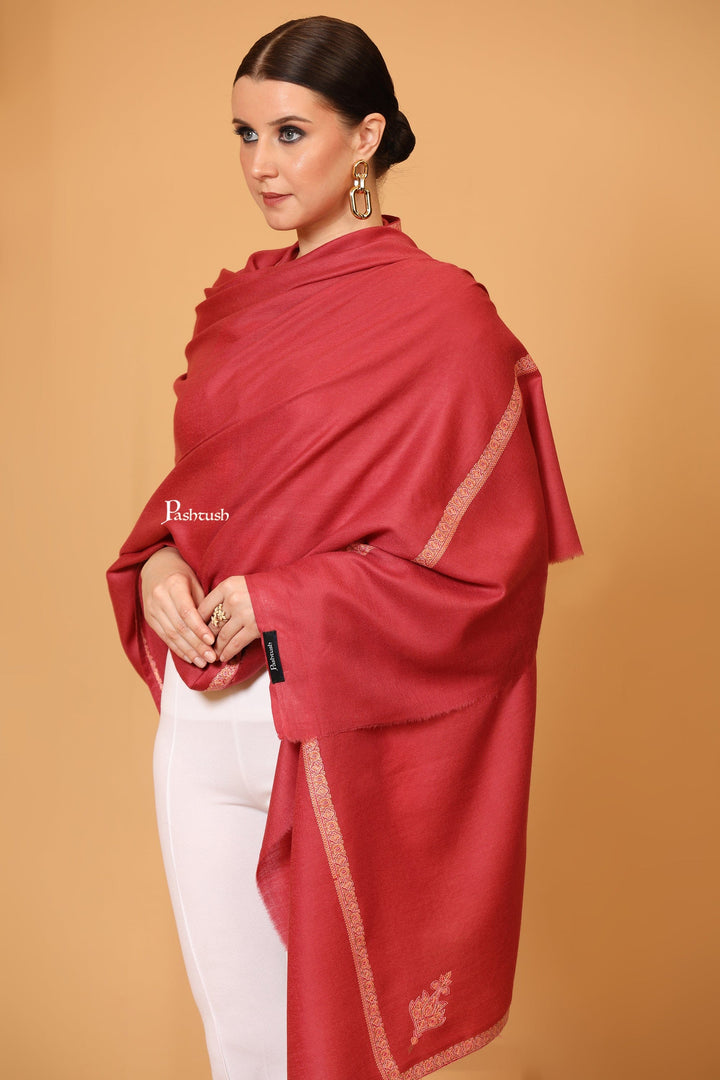 Pashtush India Womens Shawls Pashtush Women's Kingri Border Embroidery Shawl, Fine Wool, Rose Pink