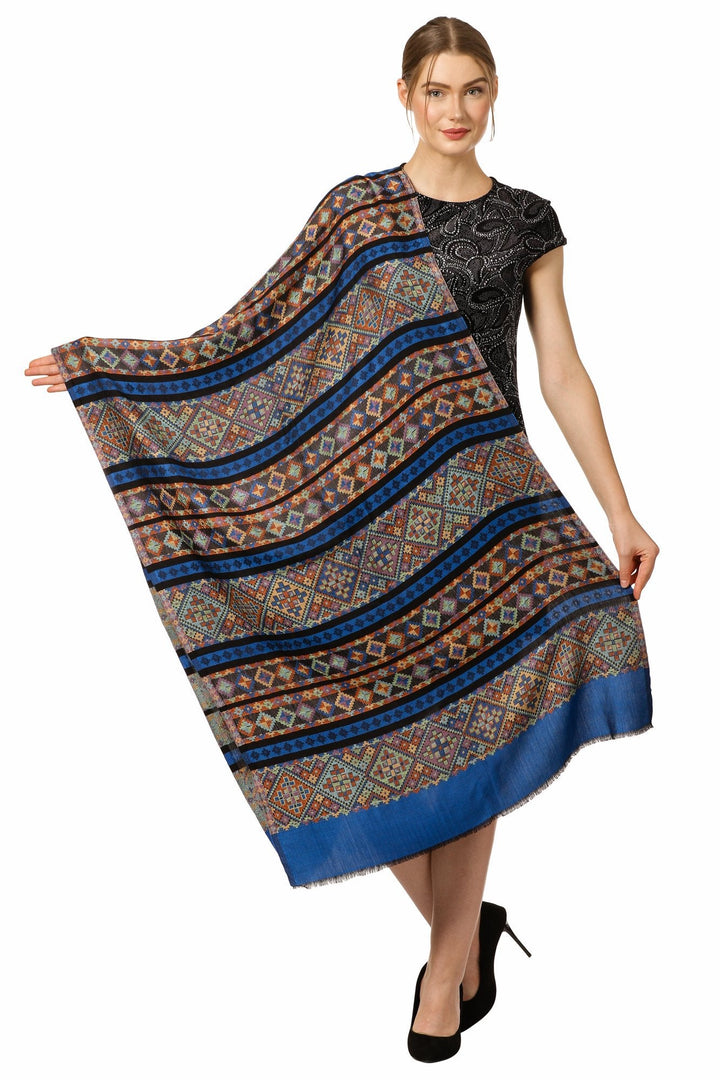 Pashtush Women'S Multicoloured Bamboo Scarf, Aztec Collection, Navy Blue