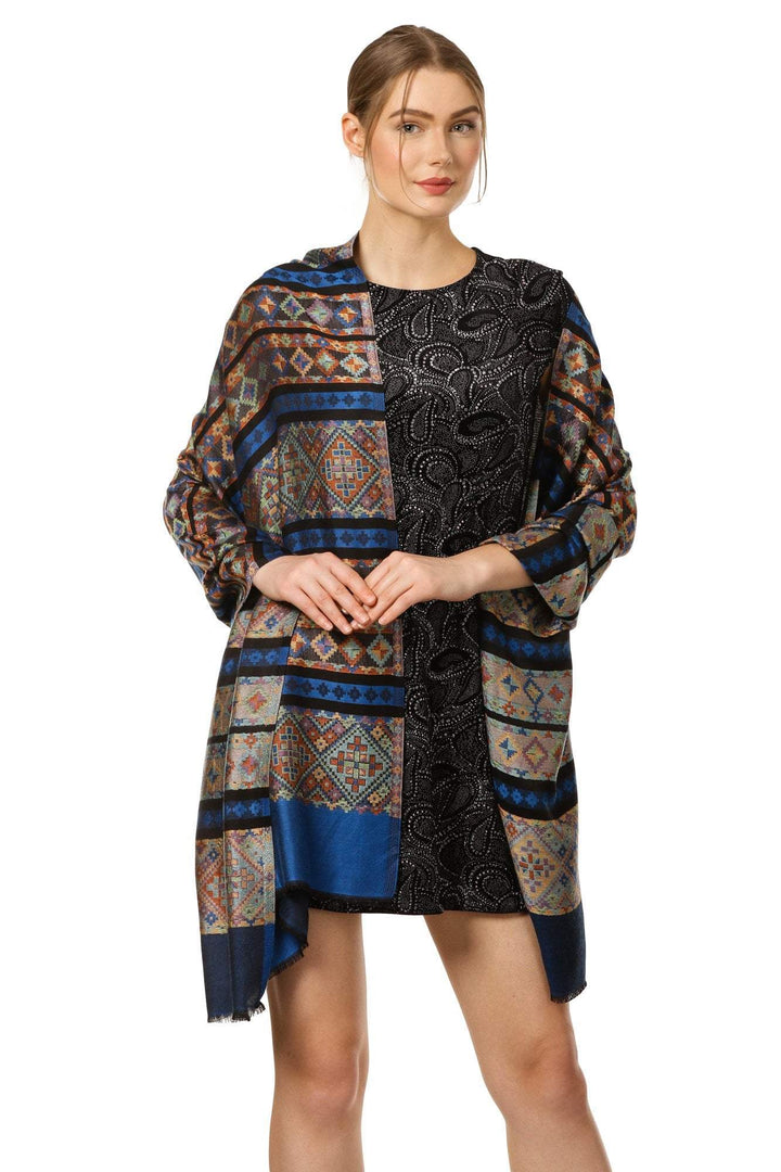 Pashtush Women'S Multicoloured Bamboo Scarf, Aztec Collection, Navy Blue