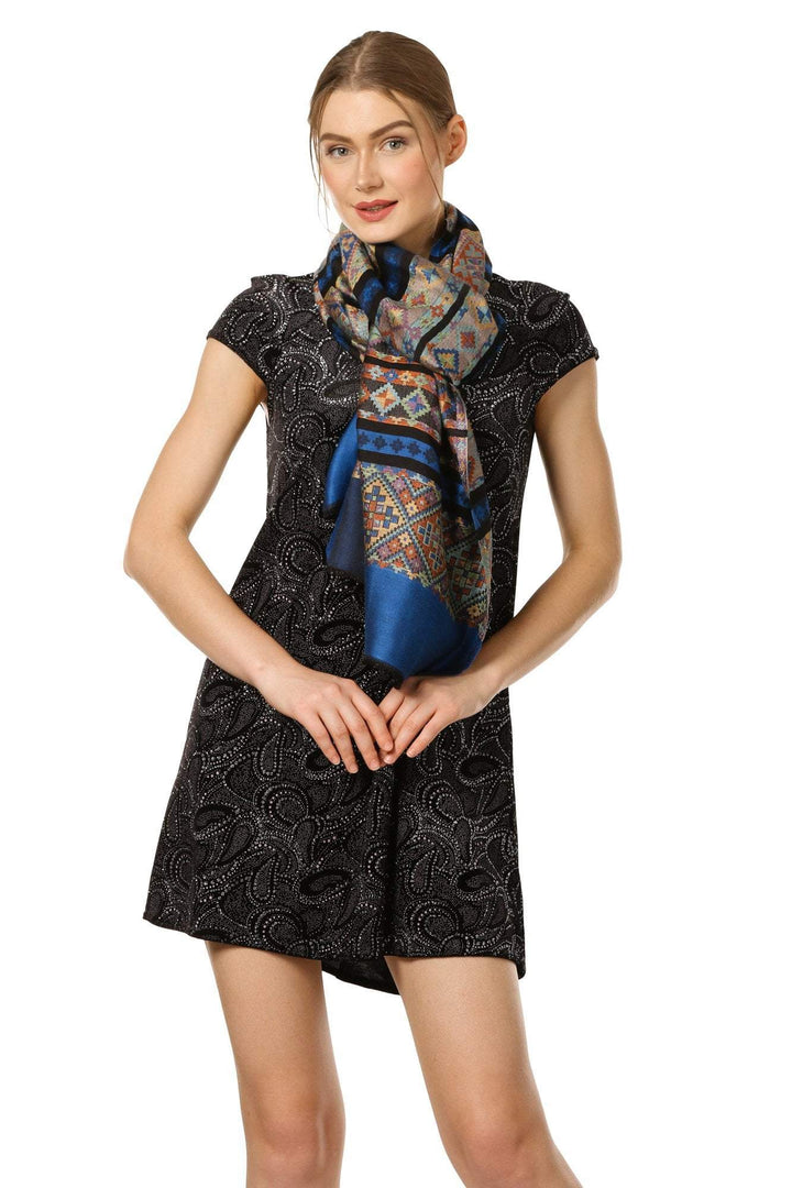 Pashtush Women'S Multicoloured Bamboo Scarf, Aztec Collection, Navy Blue