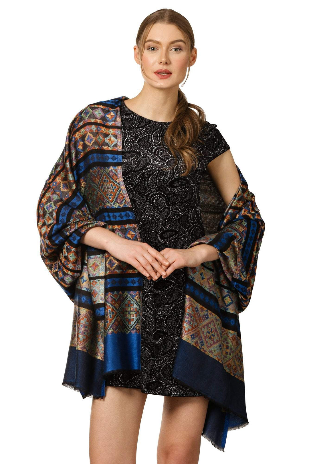 Pashtush Shawl Store Stole Pashtush Women's Multicoloured Bamboo Scarf, Aztec Collection, Navy Blue