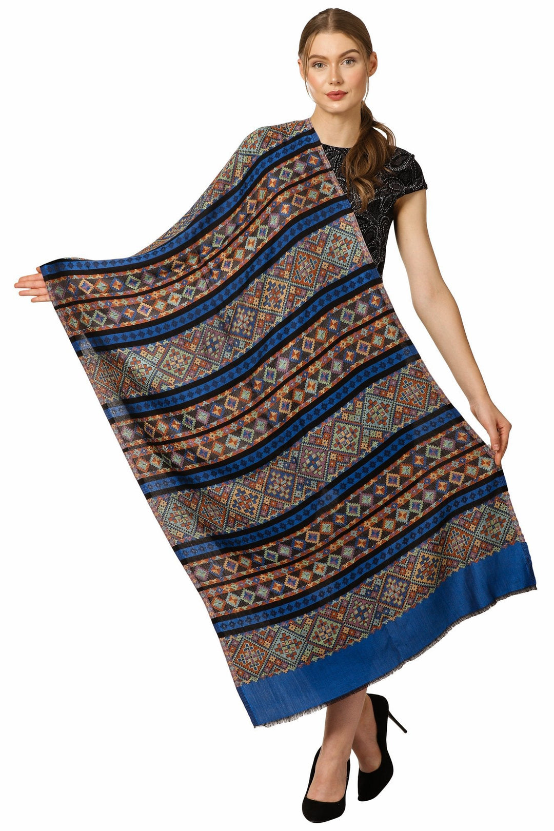 Pashtush Women'S Multicoloured Bamboo Scarf, Aztec Collection, Navy Blue