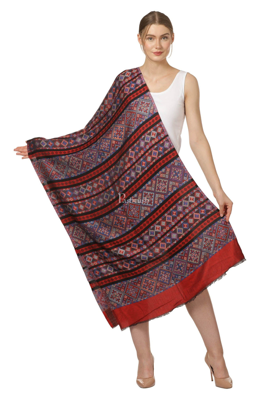 Pashtush India Womens Stoles and Scarves Scarf Pashtush Women'S Multicoloured Bamboo Scarf, Aztec Collection, Red