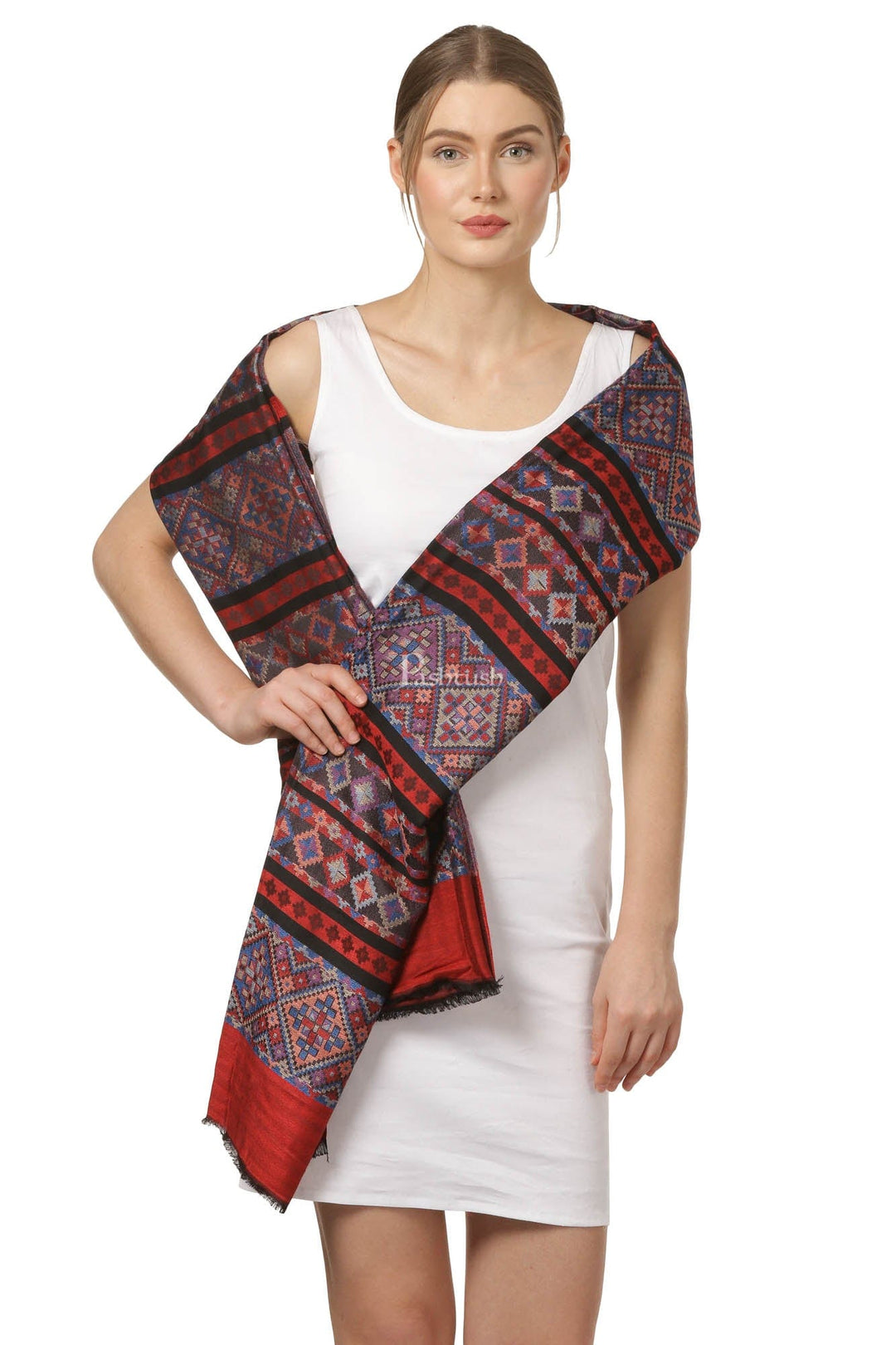 Pashtush India Womens Stoles and Scarves Scarf Pashtush Women'S Multicoloured Bamboo Scarf, Aztec Collection, Red