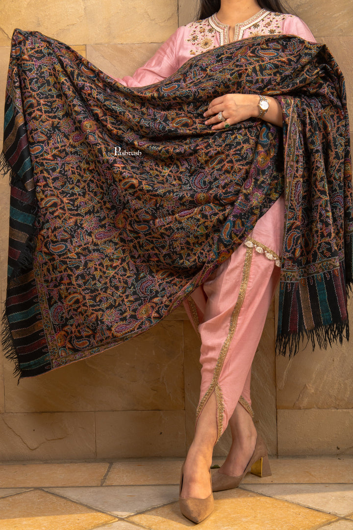 Pashtush Shawl Store Womens Shawls Pashtush Women’s Pure Pashmina Outline Kani Jamawar Shawl, Handwoven Kani with Delicate Outline hand Embroidery, Black