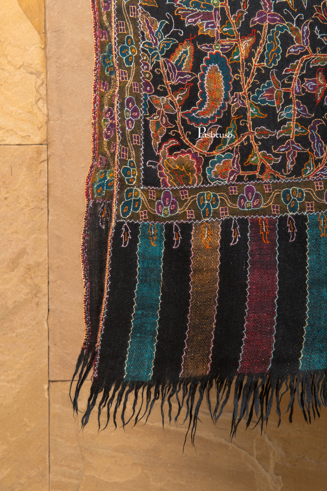 Pashtush Shawl Store Womens Shawls Pashtush Women’s Pure Pashmina Outline Kani Jamawar Shawl, Handwoven Kani with Delicate Outline hand Embroidery, Black