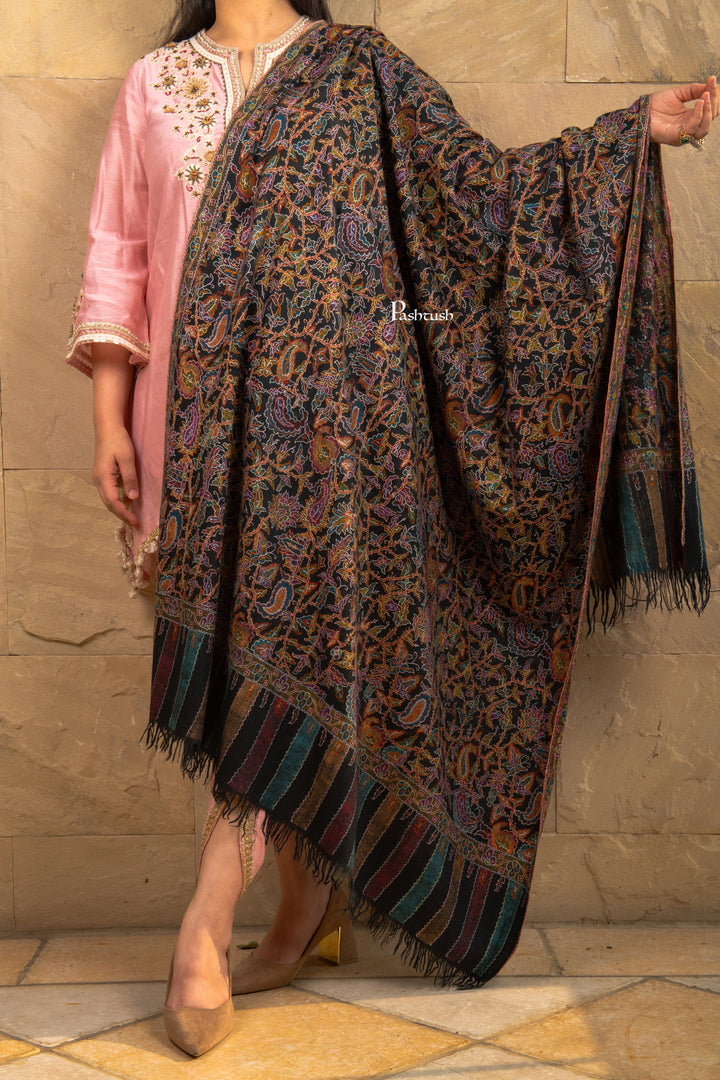 Pashtush Shawl Store Womens Shawls Pashtush Women’s Pure Pashmina Outline Kani Jamawar Shawl, Handwoven Kani with Delicate Outline hand Embroidery, Black