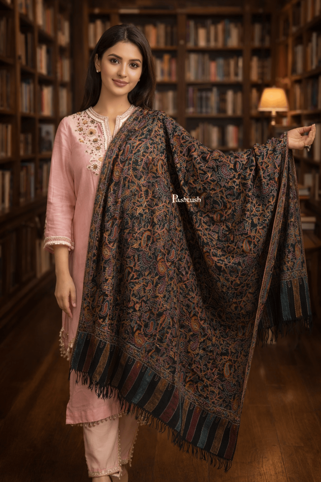 Pashtush Shawl Store Womens Shawls Pashtush Women’s Pure Pashmina Outline Kani Jamawar Shawl, Handwoven Kani with Delicate Outline hand Embroidery, Black