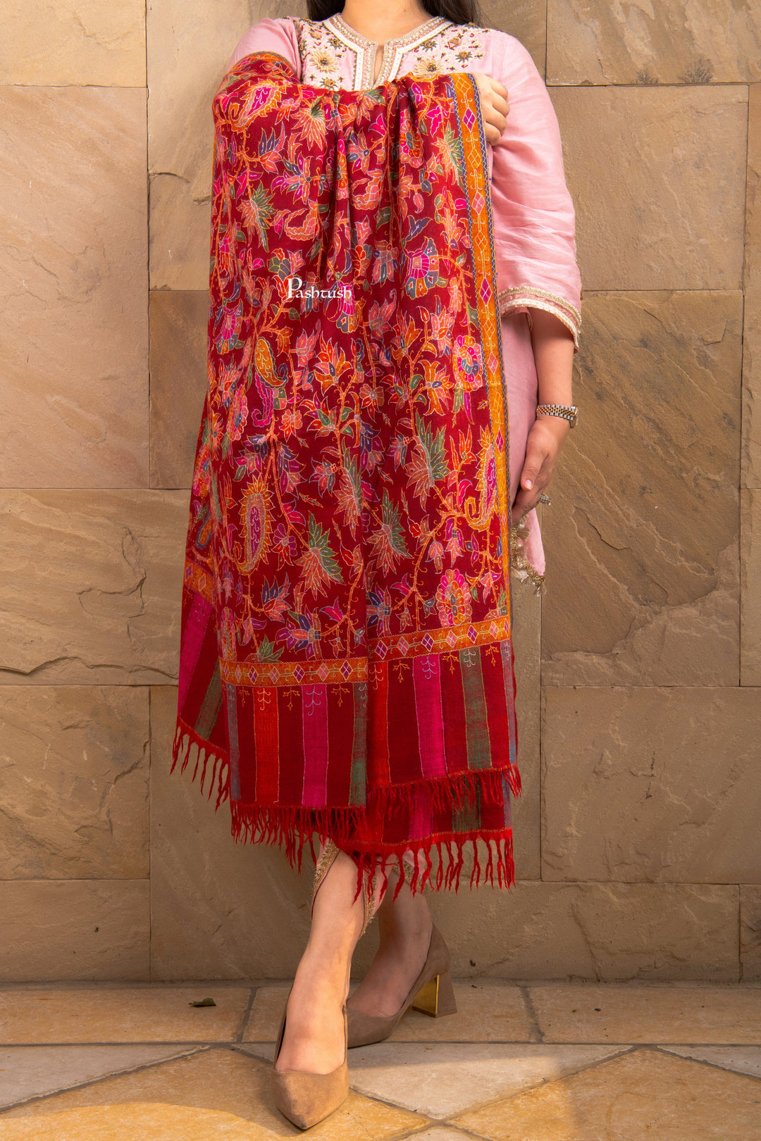 Pashtush Shawl Store Womens Shawls Pashtush Women’s Pure Pashmina Outline Kani Jamawar Shawl, Maroon Handwoven Kani with Delicate Outline Embroidery