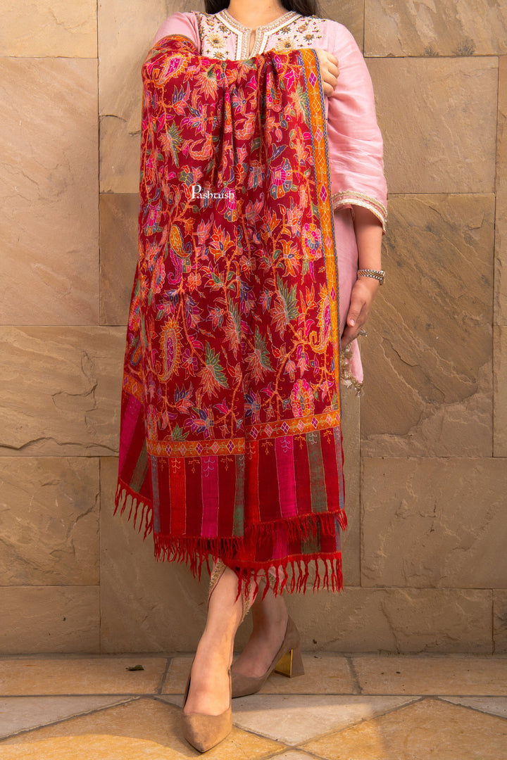 Pashtush Shawl Store Womens Shawls Pashtush Women’s Pure Pashmina Outline Kani Jamawar Shawl, Maroon Handwoven Kani with Delicate Outline Embroidery